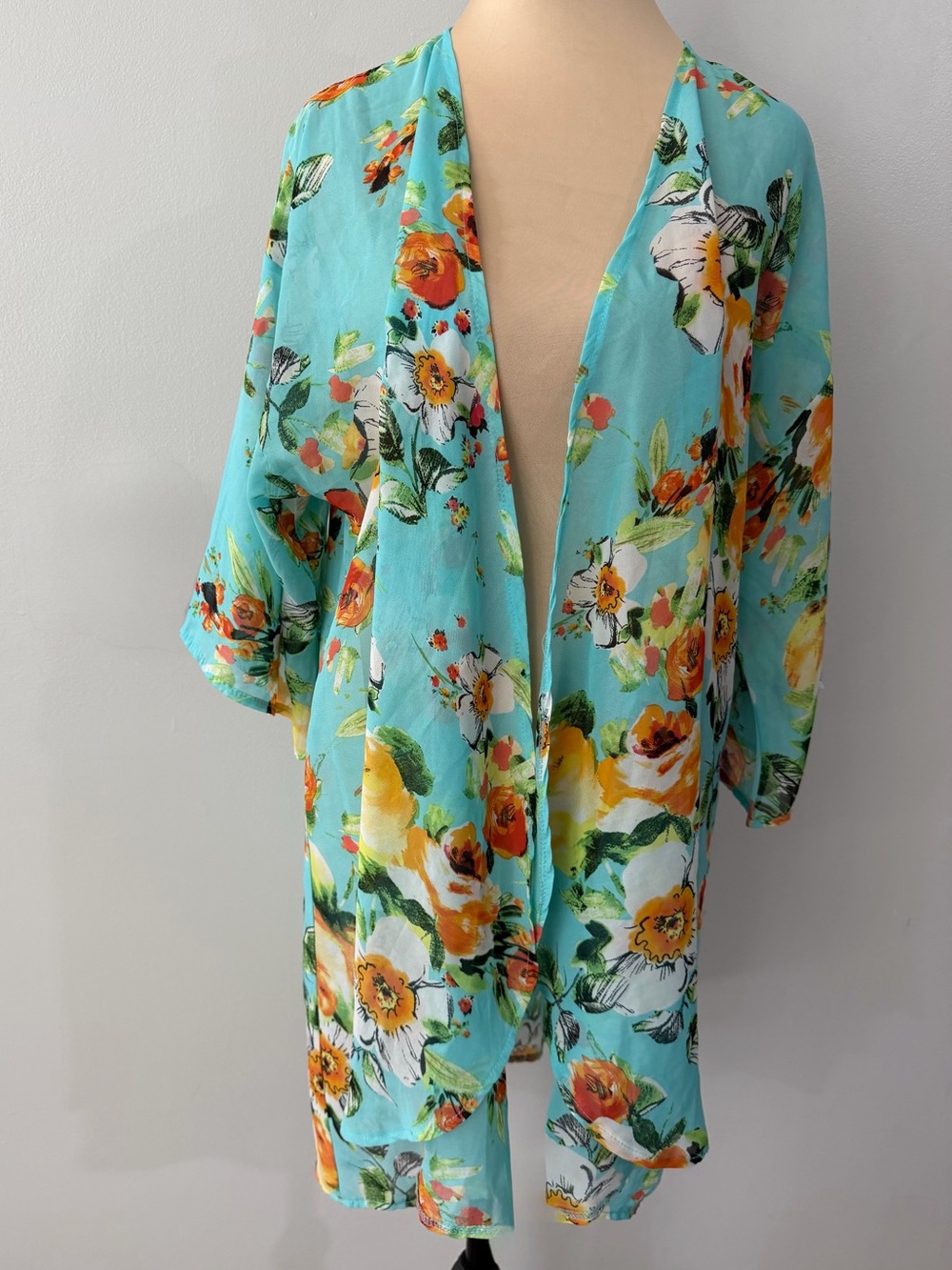 LARA Fashion Blue Floral Sheer Lightweight Breathable Womens Kimono CoverUp Robe